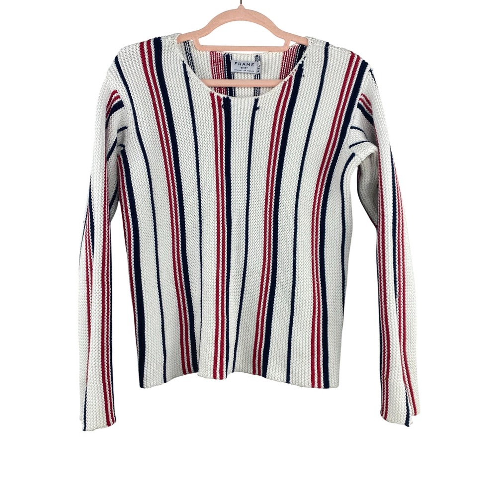 Frame Womens Striped Cotton Knit Sweater Small Red White Blue Nautical Preppy